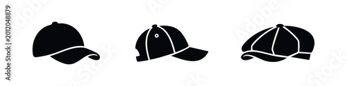 Tableau sur toile Set of black hat icons featuring different styles of baseball caps and a flat newsboy cap, isolated on a white background for design projects