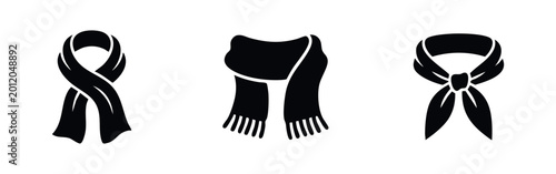 Foto Set of three black scarf icons including a winter muffler and a knotted neckerchief, isolated on a white background in a flat minimalist style