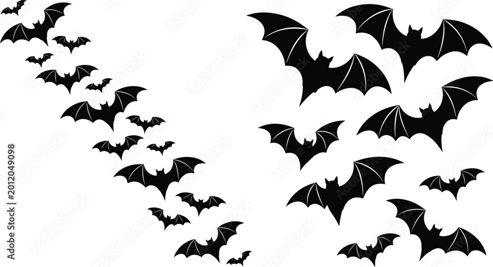 Fototapeta premium Flying Bat Silhouette Set for Halloween Decorations Featuring Spooky Black Vector Illustration Collection and Swarm Designs
