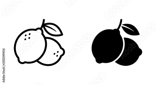 Lemon icons, citrus fruit symbols, black and white illustrations, vector graphics