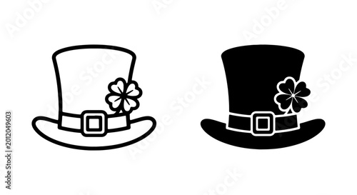 St. Patrick's Day hat icons, shamrock top hat, black and white clover hat
