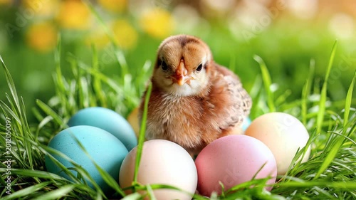Adorable Chick Sits Among Colorful Easter Eggs in Lush Green Grass.