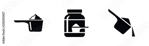 Tableau sur toile Set of three black minimalist icons representing a scoop of powder, a supplement jar, and pouring powder, ideal for fitness or laundry design