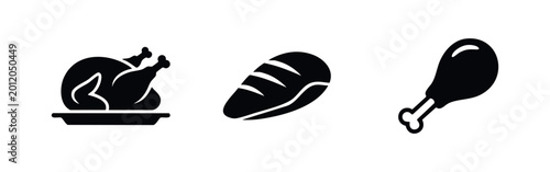 Quadro em tela Set of minimalist black icons featuring a whole roasted turkey, a chicken breast fillet, and a drumstick on a clean white background