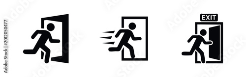 Canvas-taulu Black emergency exit icon set featuring running man silhouettes and open doors