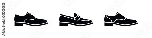 Fotografia Set of elegant black icons representing various styles of men's formal footwear, including oxfords and loafers