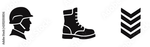 Bild auf Leinwand Professional set of military-themed black icons featuring a soldier in a helmet, a rugged combat boot, and sergeant rank insignia silhouettes