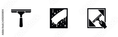 Quadro su tela Set of window cleaning service icons featuring a squeegee, soap suds on glass, and a hand wiping a window pane