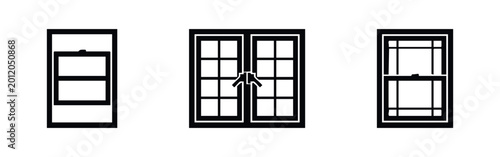 Foto Set of three minimalist window icons in black and white, featuring different architectural styles like casement and double-hung windows