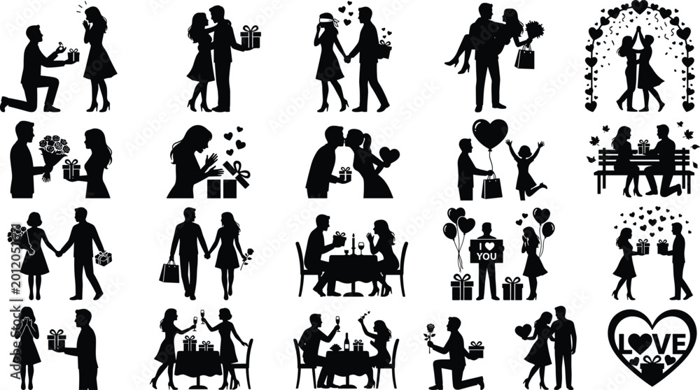 Obraz premium Romantic couple silhouettes celebrating love with gifts dancing and proposals