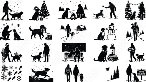 Winter season silhouettes outdoor activities with dogs and people on snow