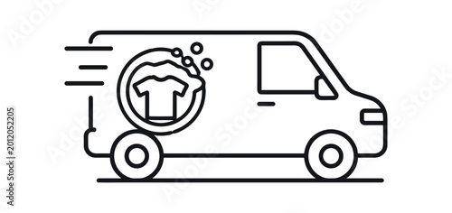A linear outline of a delivery van showing motion lines and a circular washing logo with a shirt and bubbles, ideal for laundry delivery, service branding, or app icons.