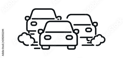 Three cars in traffic with exhaust puffs for transport and pollution concept flat vector icon