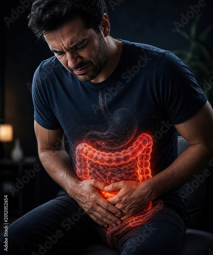 Abdominal pain in man, digestive system inflammation and gut disorder concept