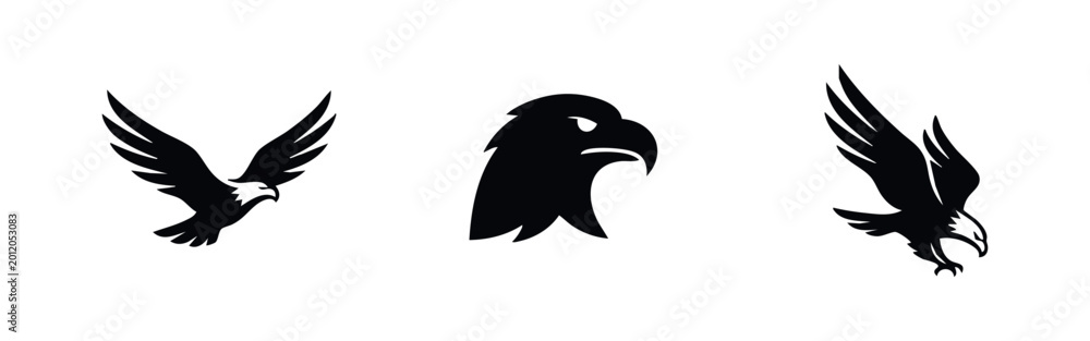 Naklejka premium A set of three minimalist black eagle logos featuring an eagle in flight, a head silhouette, and a diving eagle on a white background.