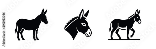 Obraz na plátně Collection of three black donkey silhouettes including full body and head profile icons, isolated on white for logos and design