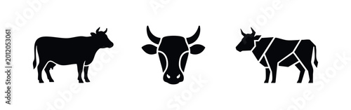 Tableau sur toile Professional set of black cow and bull silhouettes, including profile views and a frontal head icon