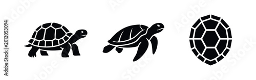Slika na platnu Set of black turtle and tortoise silhouette icons featuring a land tortoise, swimming sea turtle, and shell pattern on white background