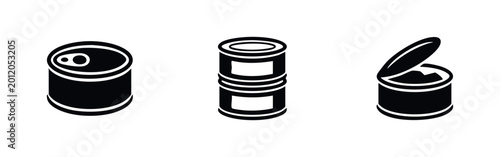 Black and white minimalist icons of canned food, featuring a closed can with pull tab, stacked cans, and an open tin on a white background.