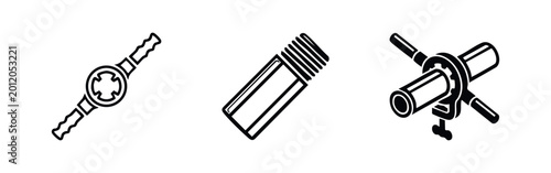 Photos Set of black and white icons for pipe threading: includes a die stock handle, a threaded pipe section, and a manual threader tool in operation