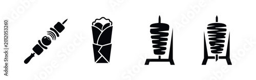 Foto Collection of black flat icons representing Middle Eastern street food like shawarma wrap, shish kebab, and doner meat rotisserie on white