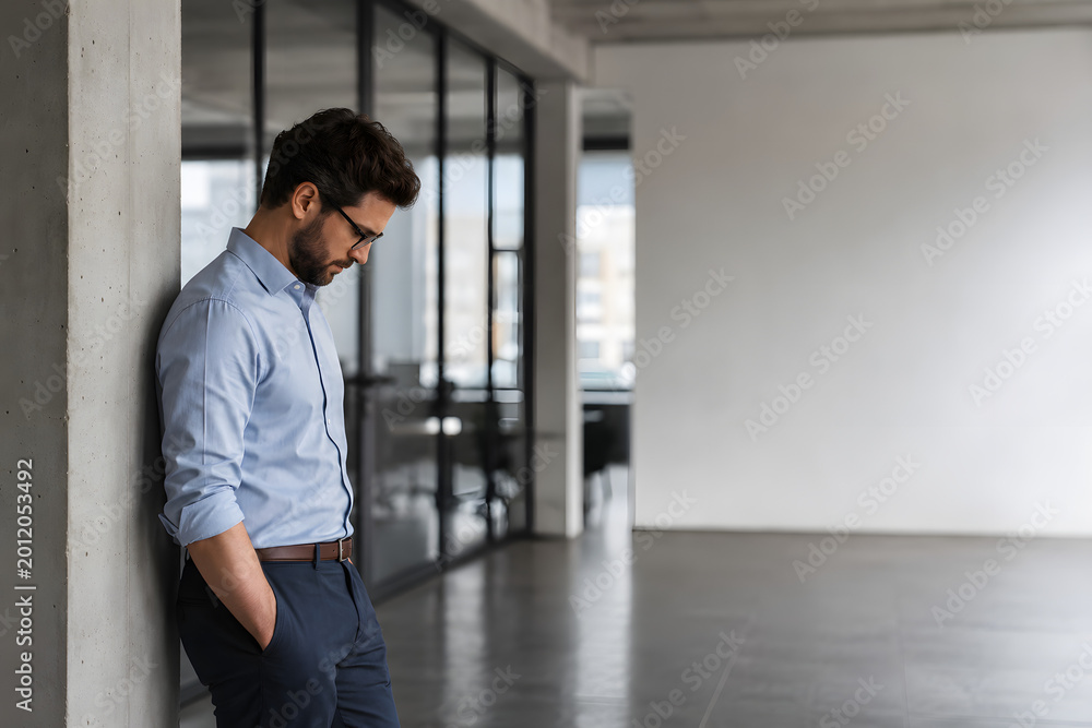 Fototapeta premium Stressed office worker standing alone after workplace conflict in modern corporate office with copy space, emotional burnout, isolation and professional business tension.