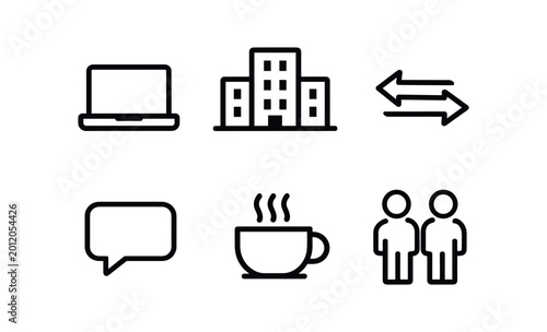 Office and communication icons set. laptop, building, transfer arrows, chat bubble, coffee cup, two people, workplace, meeting. line and flat vector illustration.