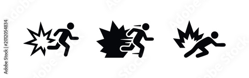 Tableau sur toile Minimalist black icons showing figures running and escaping from explosions