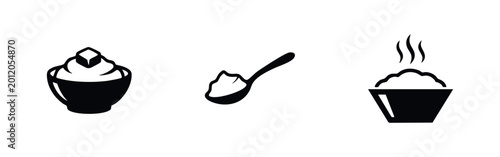 Tableau sur toile Set of black minimalist icons featuring a bowl of mashed potatoes with butter, a spoonful of food, and a steaming bowl of hot porridge or rice