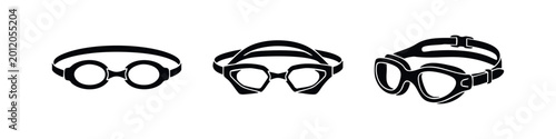 Canvastavla Set of three swimming goggles icons in a minimalist black and white silhouette style, representing various designs for pool and water sports