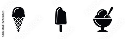 Obraz na plátně Minimalist set of black ice cream icons featuring a waffle cone, a bitten popsicle, and a dessert bowl with a spoon on a clean white background