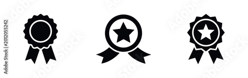 Quadro su tela Set of three black award ribbon icons featuring stars and circular badges, representing achievement, quality certification, and success