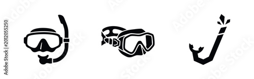 Fotografie Set of black diving and snorkeling equipment icons featuring goggles and snorkels for underwater swimming and scuba diving adventures