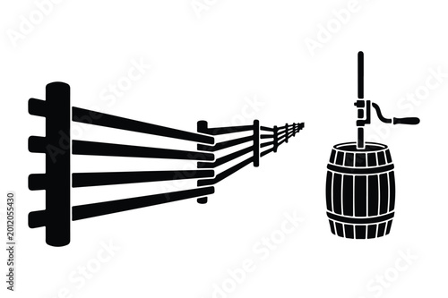 Photos Rustic wooden fence and butter churn illustration with traditional, agriculture