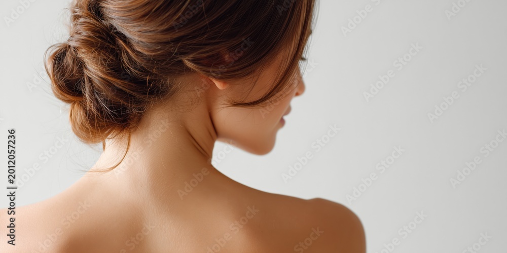Fototapeta premium 女性のうなじと肩の後ろ姿。美容やヘアケア、スキンケアのイメージ素材
