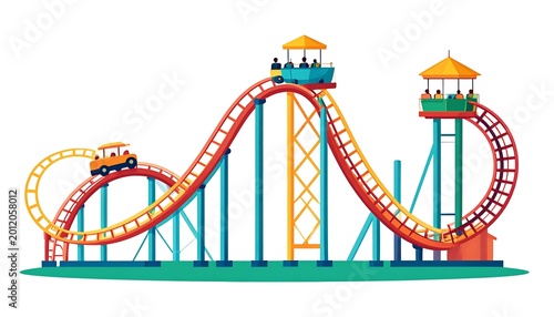 Colorful Roller Coaster Cars Riding on Amusement Park Track