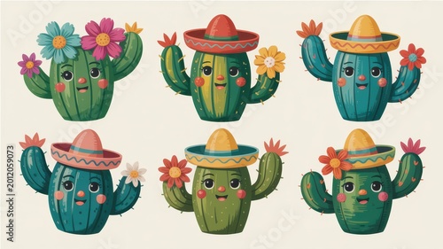 Cute cartoon cactus characters with flowers and sombrero hats on light background collection