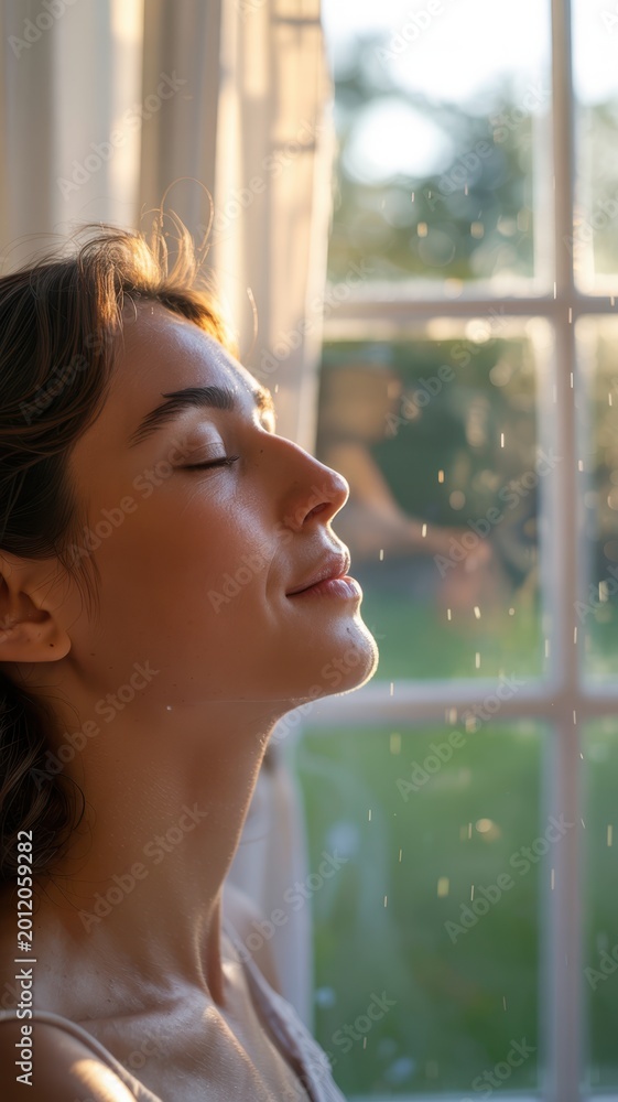 Fototapeta premium Peaceful woman enjoying warm sunlight by window with closed eyes and calm relaxing atmosphere at home