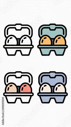 Egg carton icon set with colorful packaging variations isolated on light background for grocery and food design