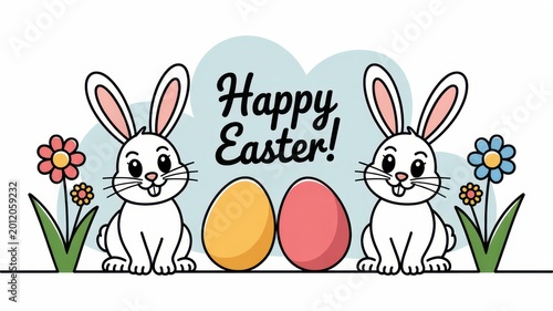 Cute Easter greeting card with rabbits colorful eggs and spring flowers on light background with festive holiday atmosphere