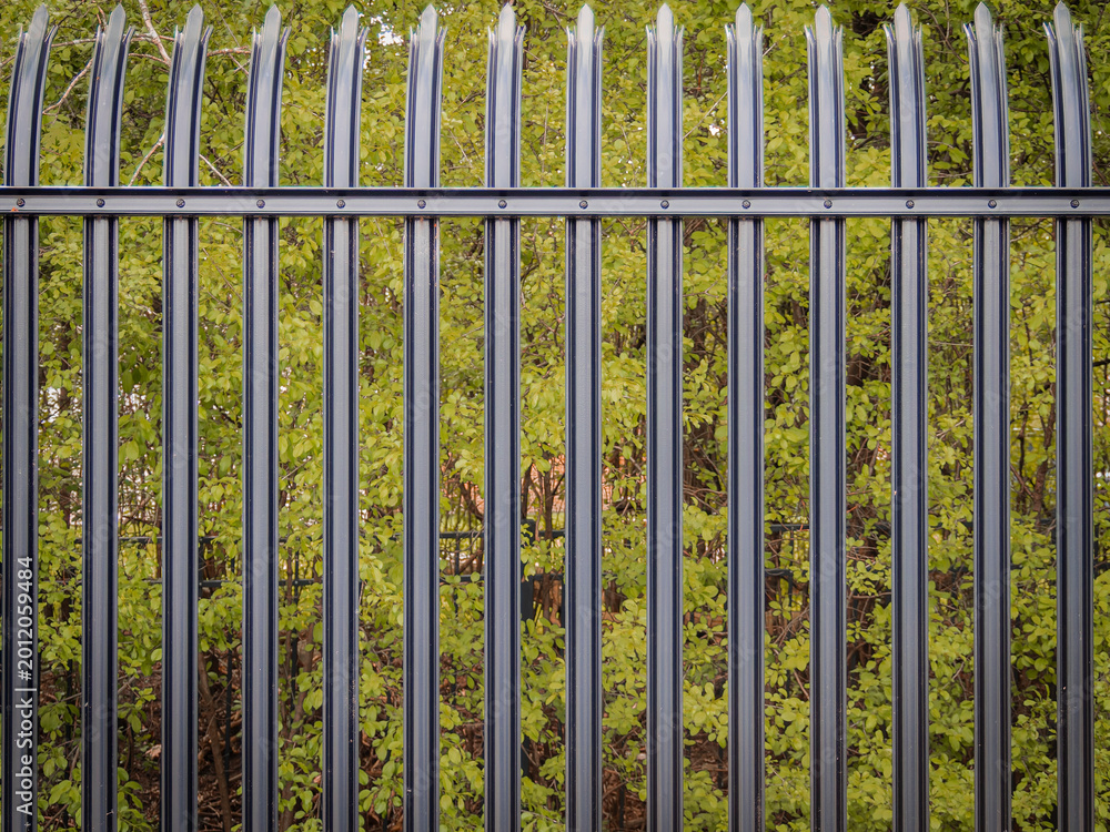 Obraz premium Symmetrical front view of a black steel palisade security fence with pointed pales set against a lush green leafy background in a garden or park