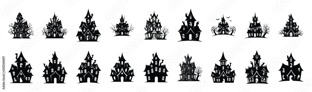 Fototapeta premium Large collection of haunted house silhouette icons. Big set of Halloween Vector illustration.