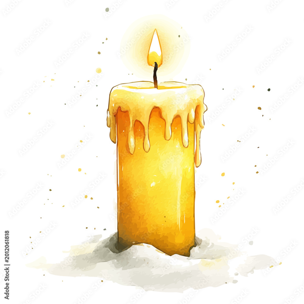 Fototapeta premium Candle Glowing Winter Night, detailed watercolor painting, isolated on a white background.