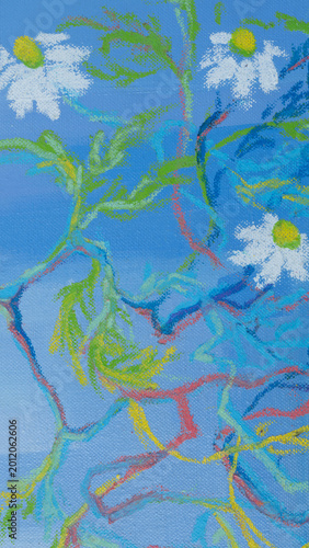 Fotografie Still life with flowers in a pot painted using acrylic and pastel on canvas at a