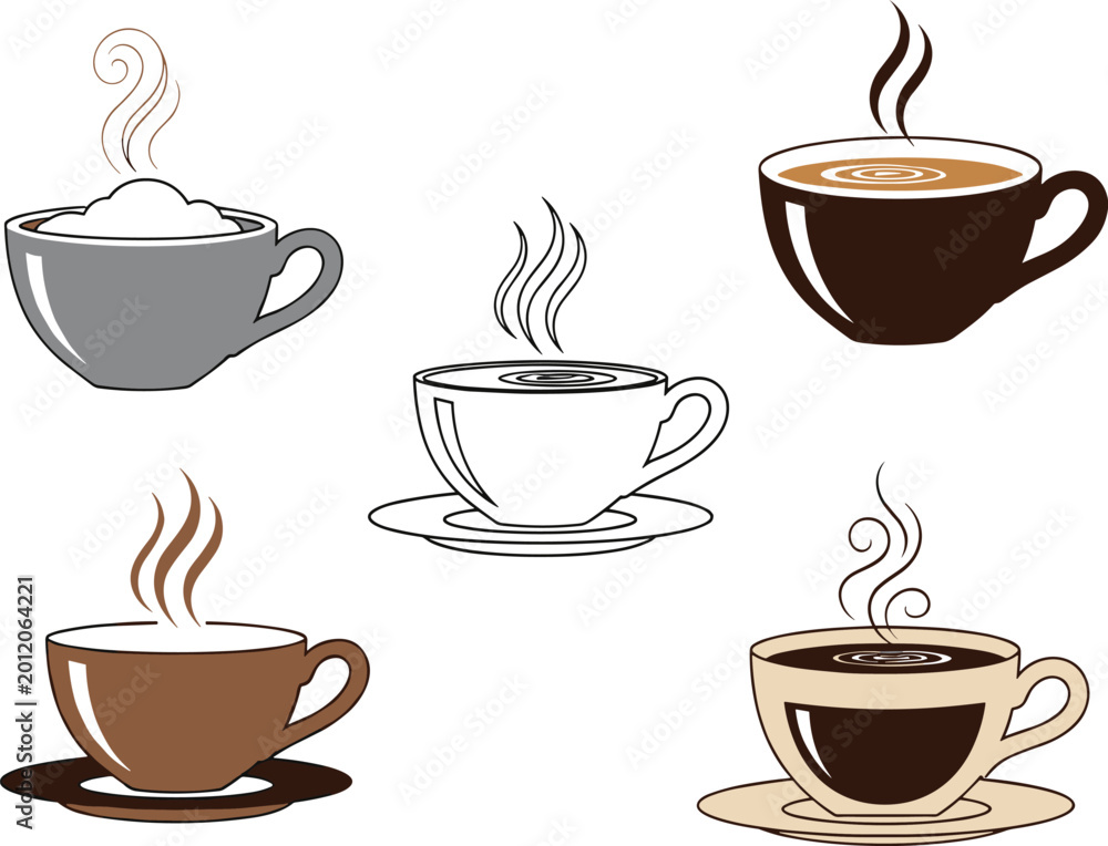 Obraz premium Steaming Coffee Cup Collection with Different Mugs and Saucer Designs for Digital Art, Beverage Illustration, and Café Decor