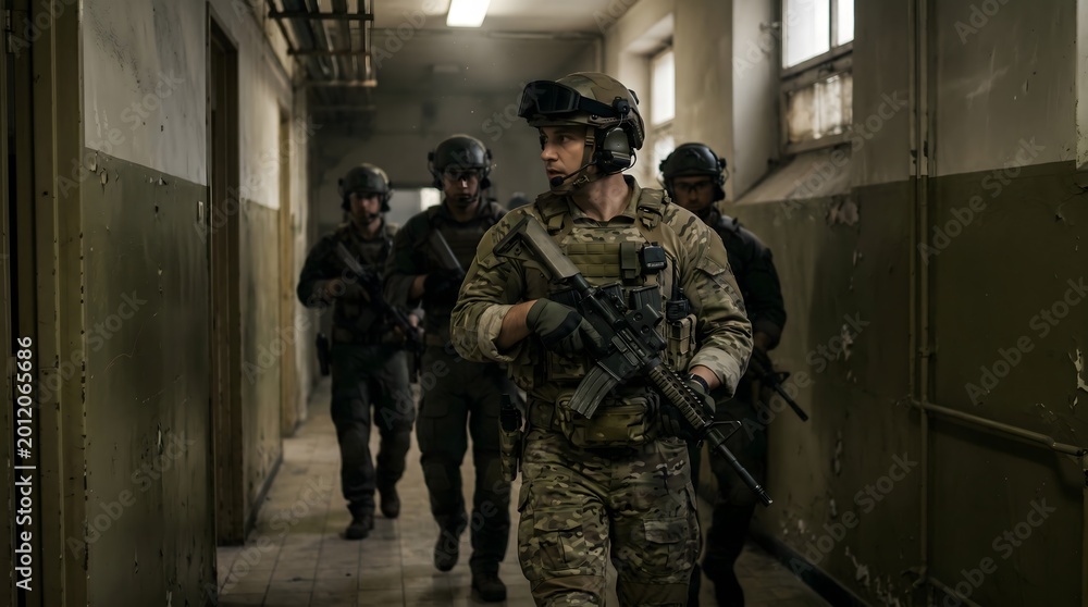 Fototapeta premium Special Forces Soldiers Patrolling a Dark, Gritty Urban Corridor on a Tactical Mission