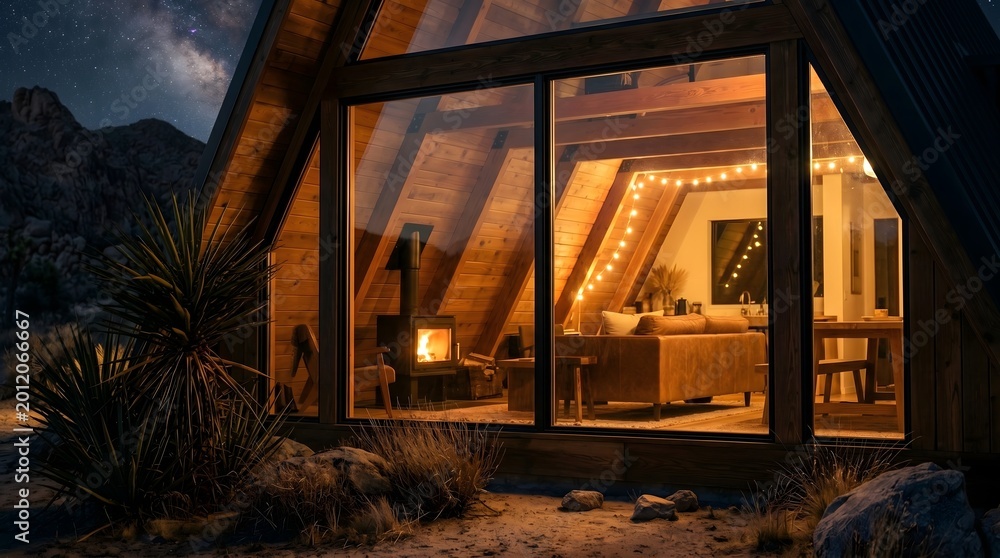 Obraz premium Cozy A-frame cabin at night with starry sky and warm interior lights