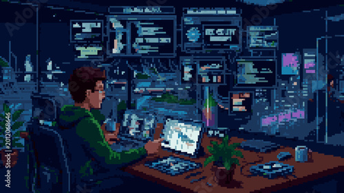 Foto Pixel art of a person working late at night on a laptop in a dark room with a de
