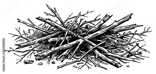 Pile of dry wooden sticks and branches in hand drawn sketch style