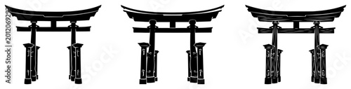 Set of traditional Japanese Torii gates in black silhouette and sketch style